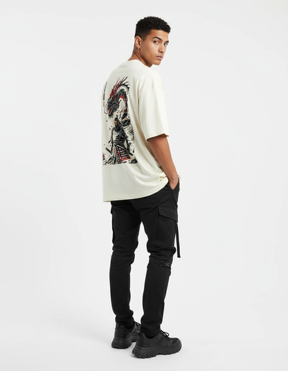 Cream oversized tee with samurai dragon back print - stylish pose
