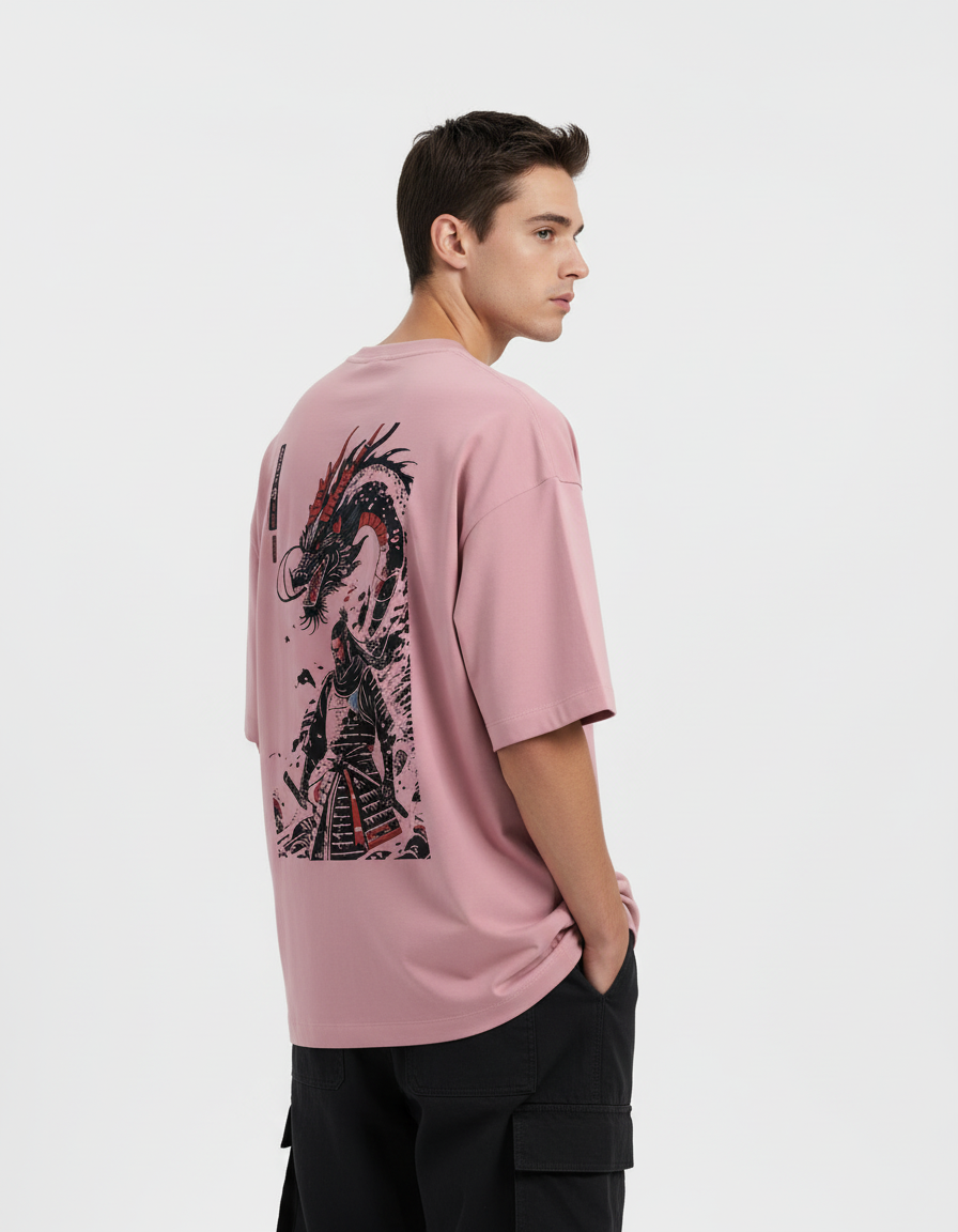 Dusty pink oversized tee with samurai dragon back print