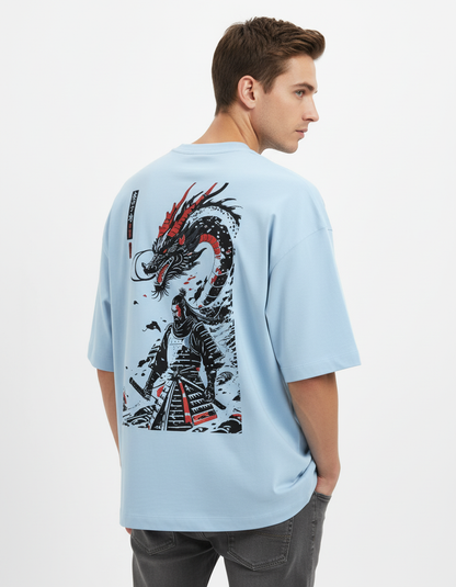 Light blue oversized tee with samurai dragon back print