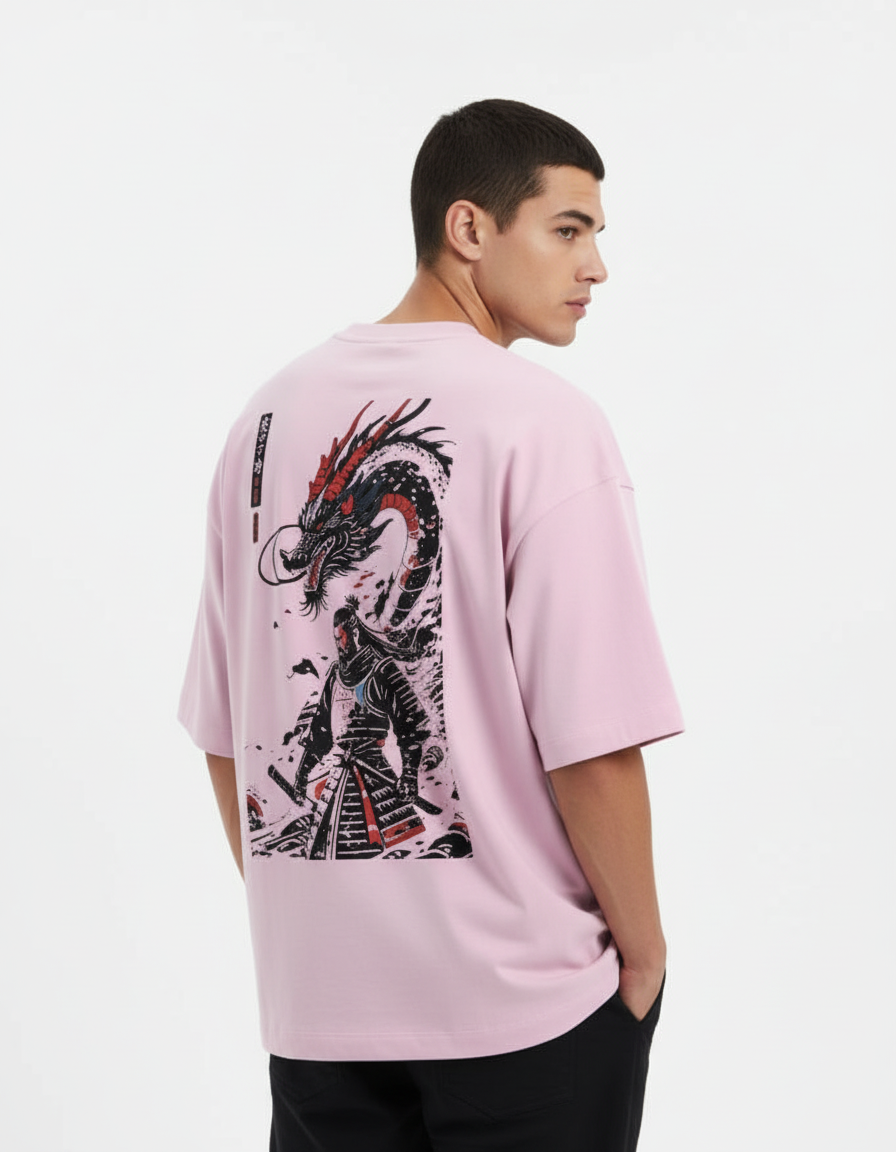 Light pink oversized tee with samurai dragon back print - stylish pose