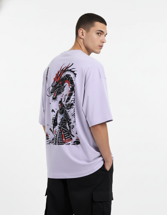 Man in stylish pose wearing lavender oversized tee with samurai dragon back print