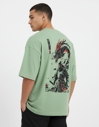 Sage green oversized tee with samurai dragon back print - stylish pose