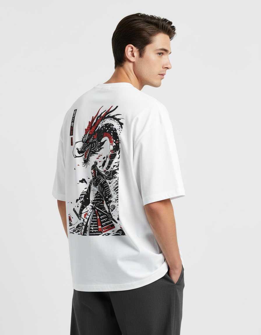 White oversized tee with samurai dragon back print